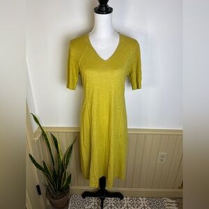 Eileen Fisher Organic Cotton Hemp V-Neck Dress XS Yellow Sustainable Minimalist